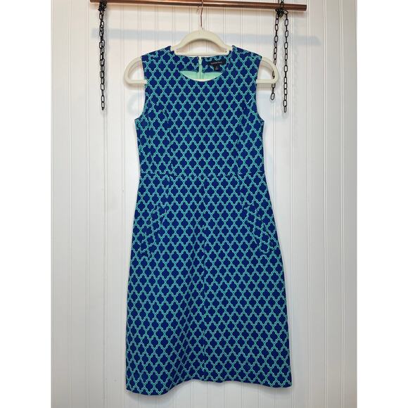 Lands End Teal Print Sleeveless Crew Neck Sheath Dress Womens Size 2 - Picture 1 of 7